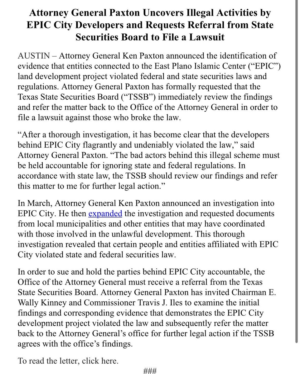 Brandon Waltens (@bwaltens) on Twitter photo BREAKING: <a href="/KenPaxtonTX/">Attorney General Ken Paxton</a> says he has uncovered illegal activity by EPIC City developers. Requesting referral from state securities board to file a lawsuit BREAKING: <a href="/KenPaxtonTX/">Attorney General Ken Paxton</a> says he has uncovered illegal activity by EPIC City developers. Requesting referral from state securities board to file a lawsuit