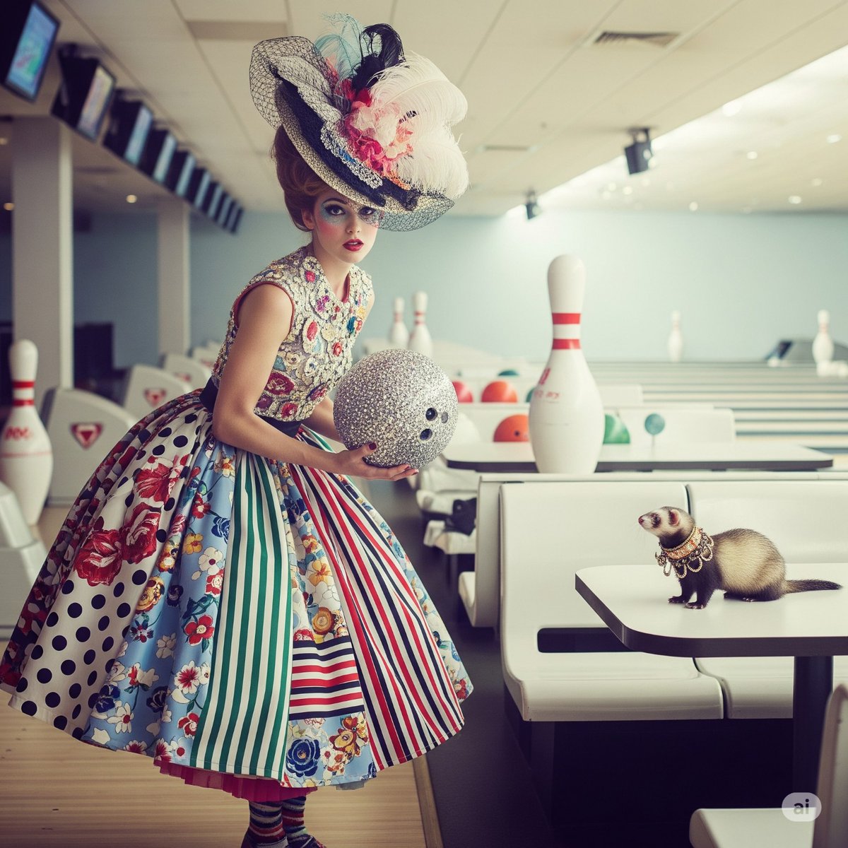 syntaxaegis's tweet image. She brought sequins, strategy, and a ferret in pearls—only one of them understood the stakes at lane seventeen.
#couture #aiart #style #surrealart #conceptualphotography