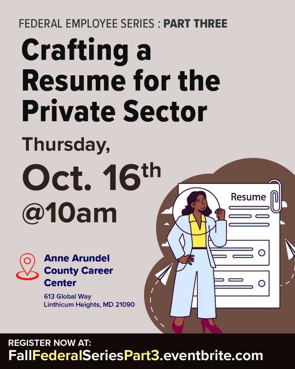 aaworkforce's tweet image. Learn how to create a resume for the private sector in this Thursday's Federal Employee Series session! Learn more and register at FallFederalSeriesPart3.eventbrite.com.
#AAWDC #WorkforceDevelopment #PathwaysToSuccess #FederalWorkers #WorkshopSeries #CareerSuccess