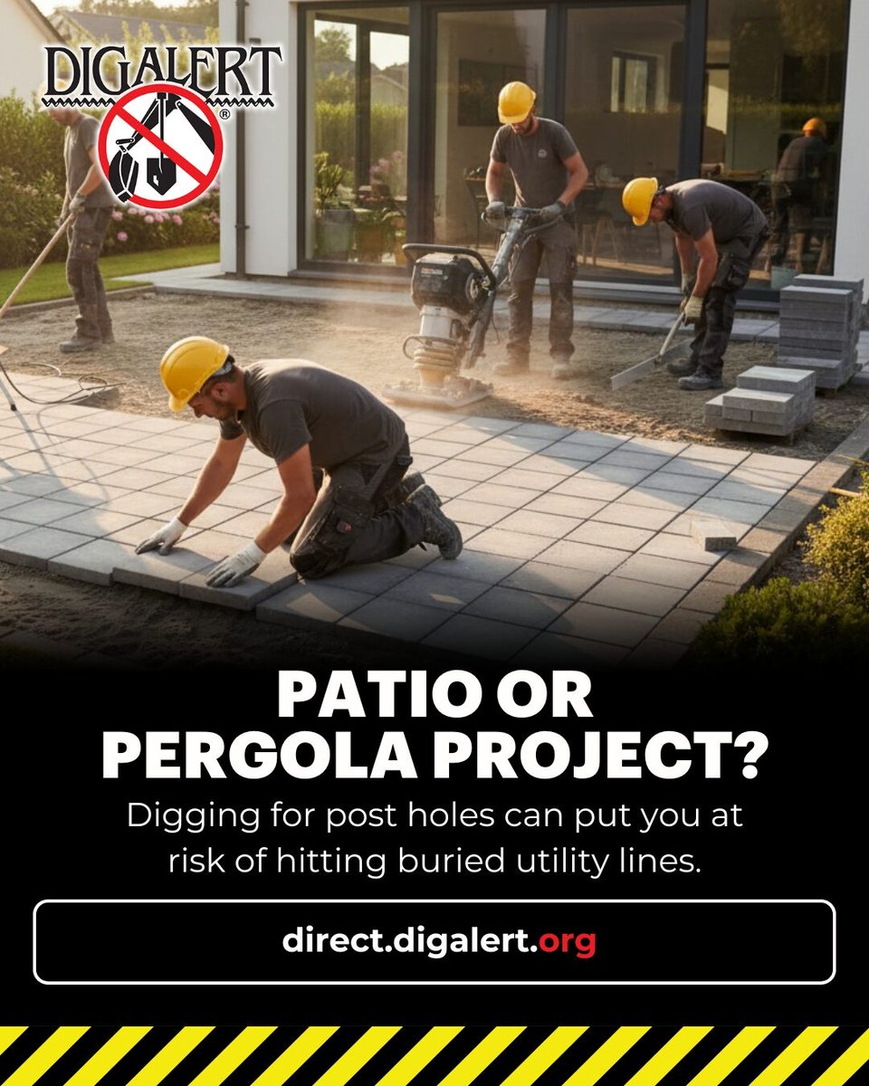 DigAlert's tweet image. 🏡 Patio or pergola project?
Post holes can run right into buried utility lines.
Don’t take the risk—submit your FREE DigAlert® ticket before you start.
direct.digalert.org
#BackyardProjects #SafeDigging #ContactDigAlert