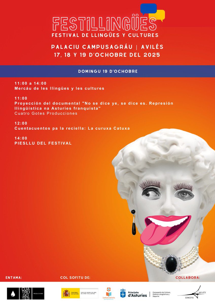 👅 Esta fin de selmana (17, 18 y 19 d'ochobre) ven a #Festillingües n'Avilés! 

👉 Descubri la programación del festival de les llingües y les cultures.

Entama: <a href="/CuatroGotes/">Cuatro Gotes Producciones</a>