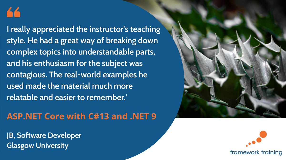 FrameworkTrain's tweet image. Feedback like this keeps us motivated.
“The instructor made complex topics easy to understand — his enthusiasm was contagious!”
Thanks to @UofGlasgow for joining us for our ASP.NET Core with C# 13 & .NET 9 training 🚀
#dotnet9 #csharp13 #aspnetcore #training