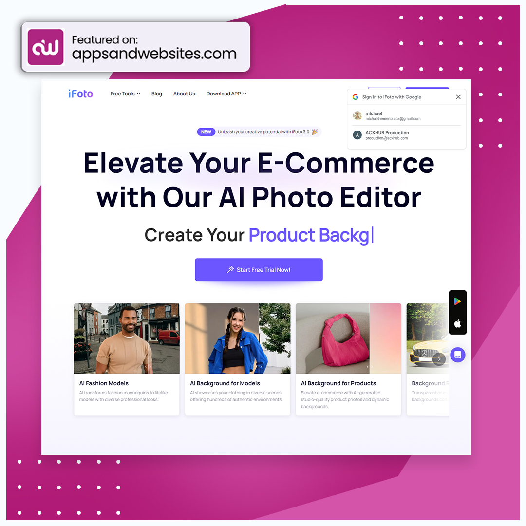 AppsandWebsites's tweet image. 📸 Transform product photography with iFoto.ai! One-click AI background generator for stunning product visuals. Say goodbye to tedious editing and hello to stunning visuals! ✨
#iFotoMagic
More awesome AI tools for you to check out:appsandwebsites.com/directory/ai-t…