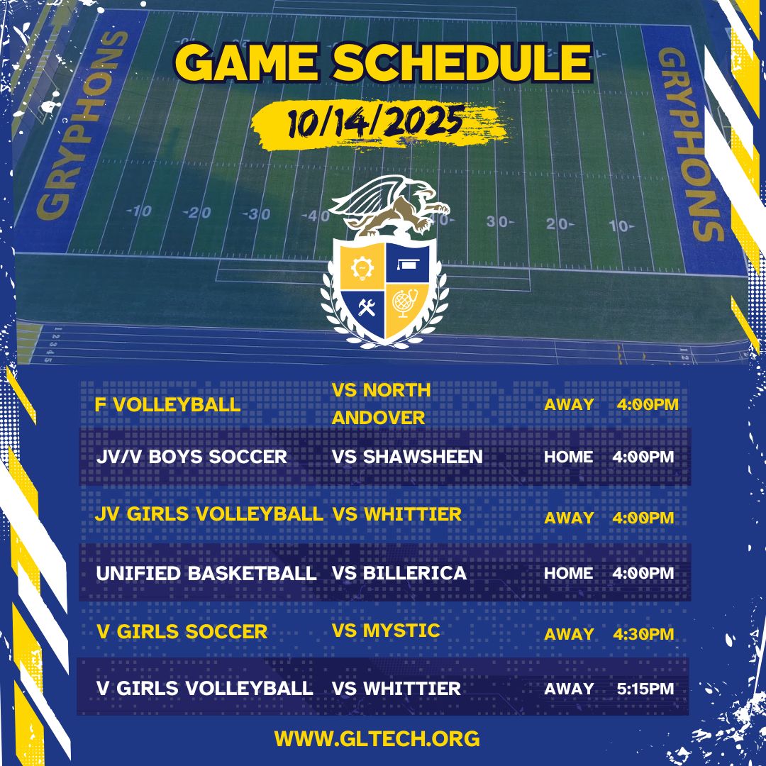 🚨 GAME DAY! 7 games today:

Freshman Volleyball @ N. Andover 4PM
Junior Varsity / Varsity Boys Soccer vs Shawsheen 4PM (Home)
Junior Varsity Girls VB @ Whittier 4PM
Unified Basketball vs Billerica 4PM (Home)
V Girls Soccer @ Mystic 4:30PM
V Girls Volleyball @ Whittier 5:15PM