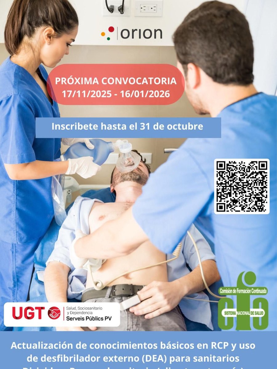 CURSO: Actualización de conocimientos básicos en RCP y uso de desfibrilador externo (DEA) para sanitarios. 50 h
Hasta 31 octubre 2025
Rellena la hoja escaneando QR o desde Inscripción curso Actualización de conocimientos en RCP  y envíalo a: secretaria@orionformacion.com