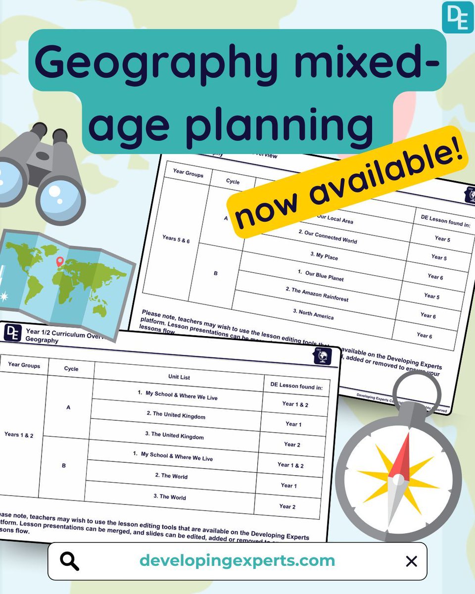 DevelopExperts's tweet image. We’re excited to introduce our new Geography Mixed-Age Planning documents, designed to ease teaching in mixed-age classrooms.🌍
These planning cycles, cover the National Curriculum. and offers detailed lesson guidance and reasoning to support confident instruction.💪