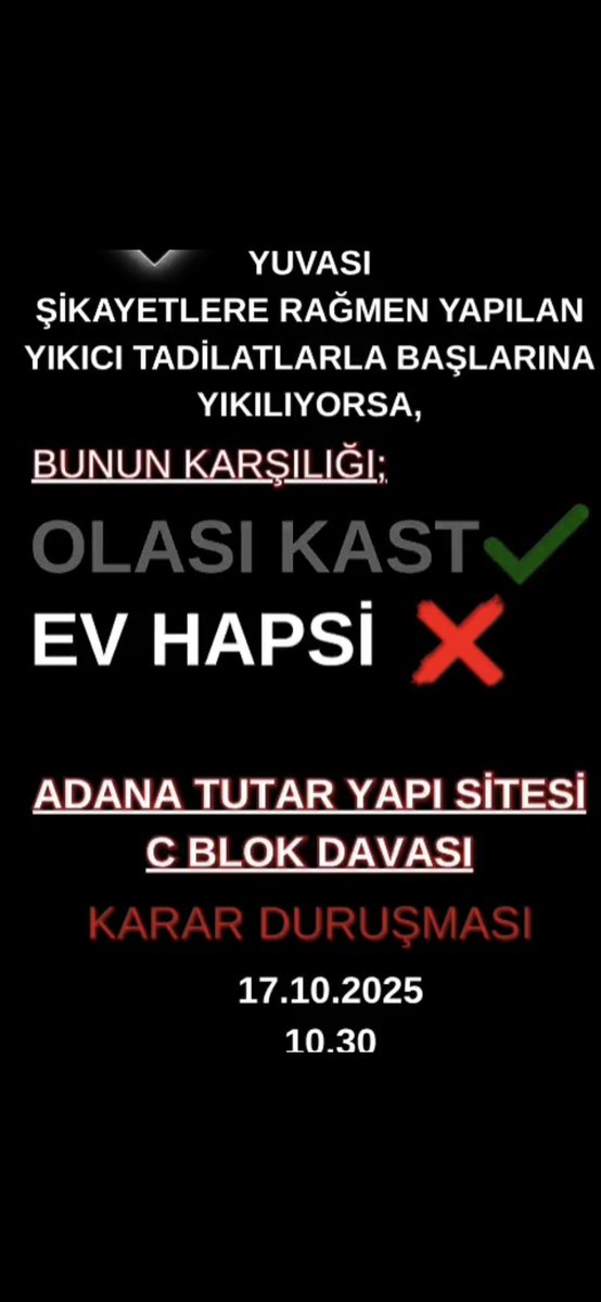 6 ŞubatDepreminde binlerce canımızı alan yapının sorumlularından birine  ev hapsi kararı ile serbest olma hakkı verilmesi,
ADALETİN ENKAZI demektir!
Bu karar,ölenlerin anısına,acılı ailelere yapılmış en büyük haksızlıktır.
Hukuk değil,HUKUKSUZLUK tecelli etmiştir
#tutaryapısitesi