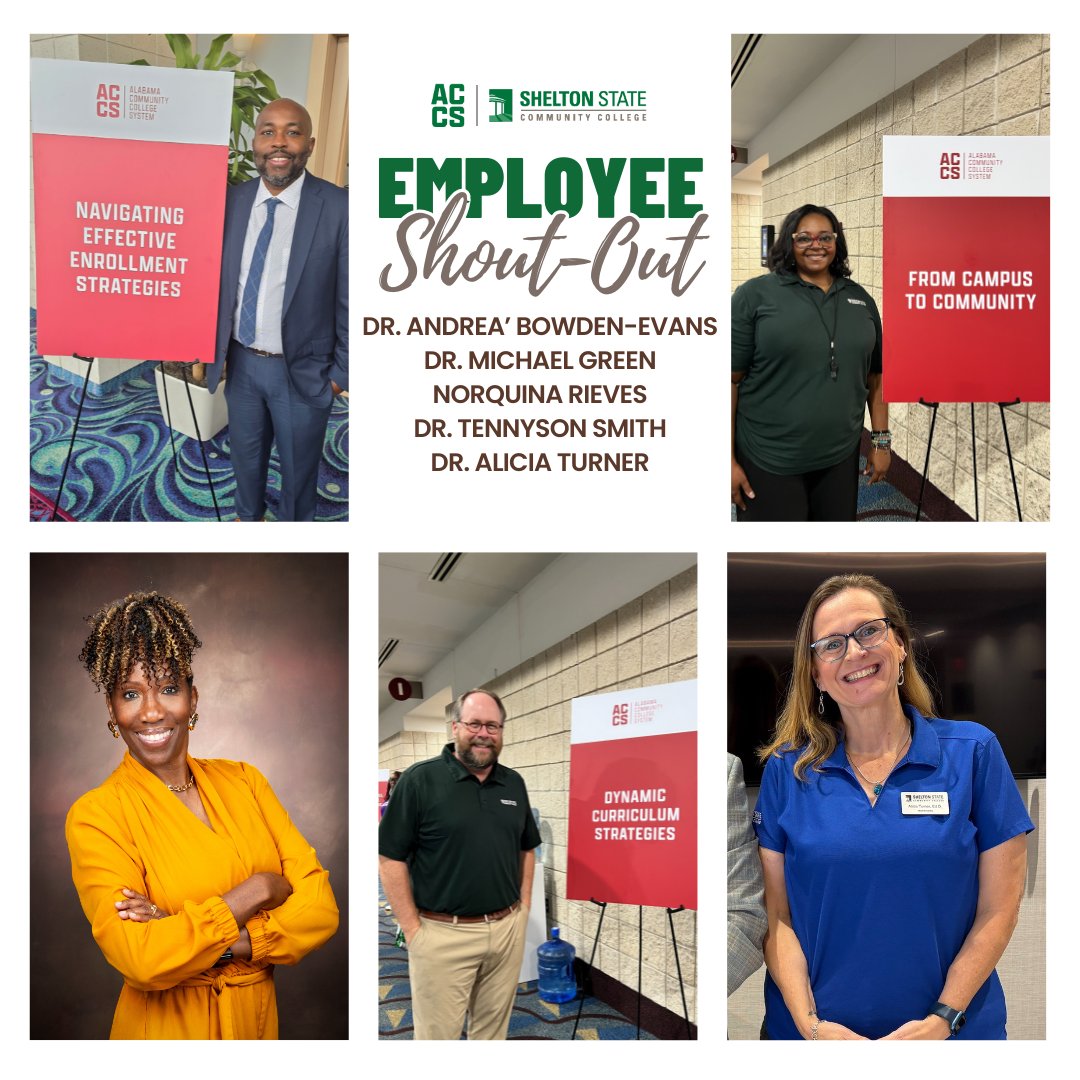 My Shelton State (@sheltonstate) on Twitter photo Kudos to the SSCC employees who represented the College at the recent @accs_education regional meetings - (Top): Dr. Tennyson Smith, NorQuina Rieves, (bottom) Dr. Andrea’ Bowden-Evans, Dr. Michael Green, and Dr. Alicia Turner! Thanks for touting SSCC's excellence and leadership. Kudos to the SSCC employees who represented the College at the recent @accs_education regional meetings - (Top): Dr. Tennyson Smith, NorQuina Rieves, (bottom) Dr. Andrea’ Bowden-Evans, Dr. Michael Green, and Dr. Alicia Turner! Thanks for touting SSCC's excellence and leadership.