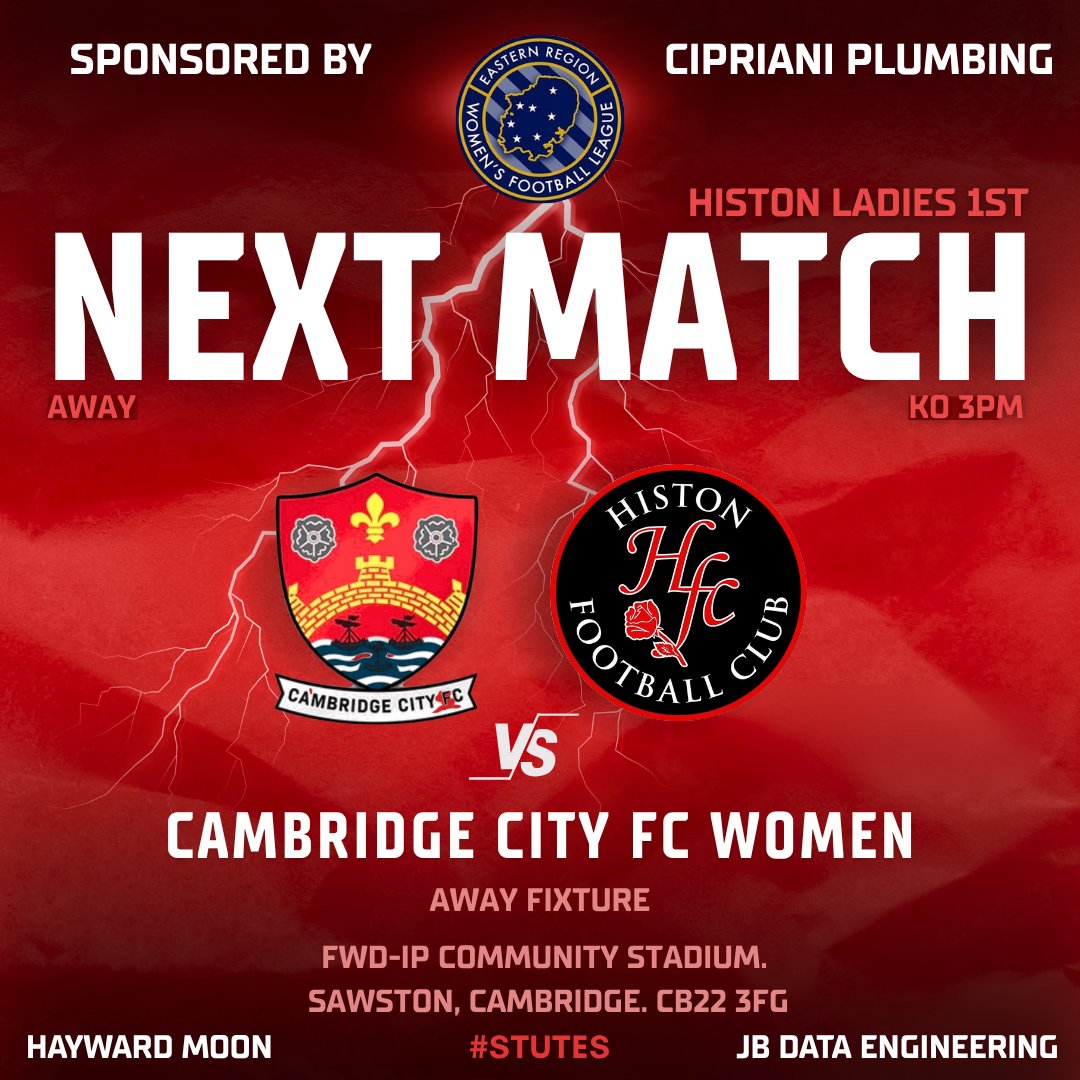 🟥⬜️ SUNDAY DERBY DAY
Cambridge City Women 🆚 Histon Ladies
🔥 Missed the first clash? 
You won’t want to miss this one.
The best of local women’s football. 
Let’s go, Histon! 👊
#HistonLadies #LocalDerby #WomensFootball #UpTheStutes #CambridgeDerby