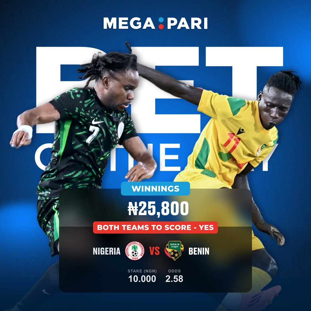 megapari_ngr's tweet image. BET OF THE DAY! ⚽️🇳🇬🇧🇯
Nigeria vs Benin, both teams to score? YES
Stake ₦10,000 and win ₦25,800 💰
Will you back the Super Eagles to fly high today? 🦅
👉 Bet now megapari.media/3IXTTMg
#Megapari #BetOfTheDay #SuperEagles #NigeriaVsBenin #WorldCupQualifiers #RoadTo2026