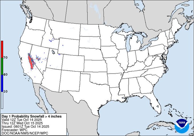 Probability of at least 4 inches of snow for Oct 14–15, 2025. Highest chances confined to the Sierra Nevada in California and western Nevada.