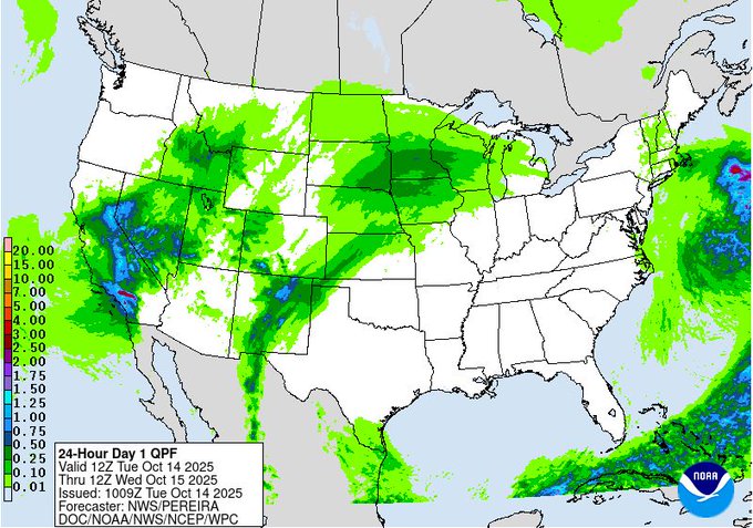 24-hour precipitation forecast valid Oct 14–15, 2025. Widespread rain across the central U.S. with heaviest amounts over the Rockies, Plains, and Upper Midwest
