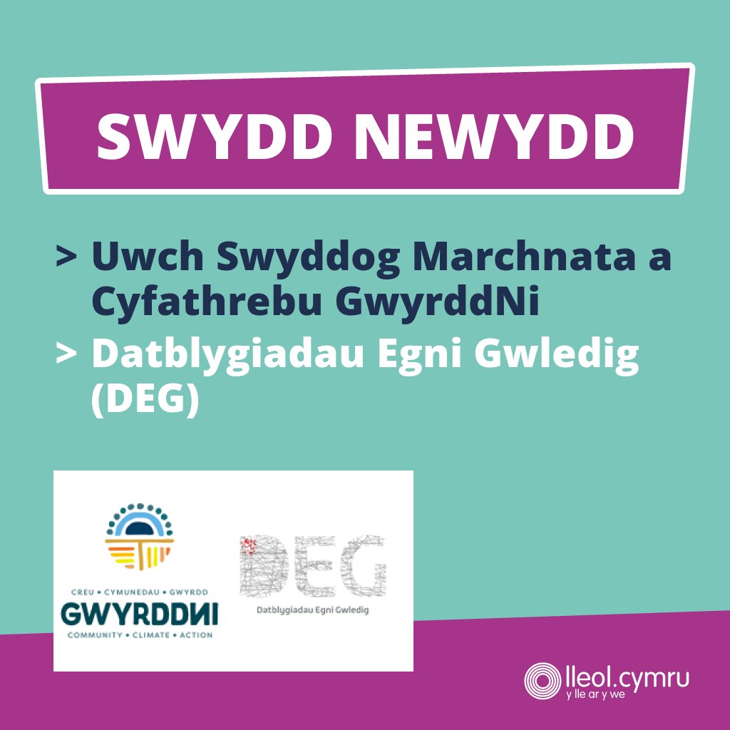 **SWYDD NEWYDD**

>> Uwch Swyddog Marchnata a Cyfathrebu GwyrddNi
>> Datblygiadau Egni Gwledig (DEG)

Manylion yma >> bit.ly/4ohvVdR