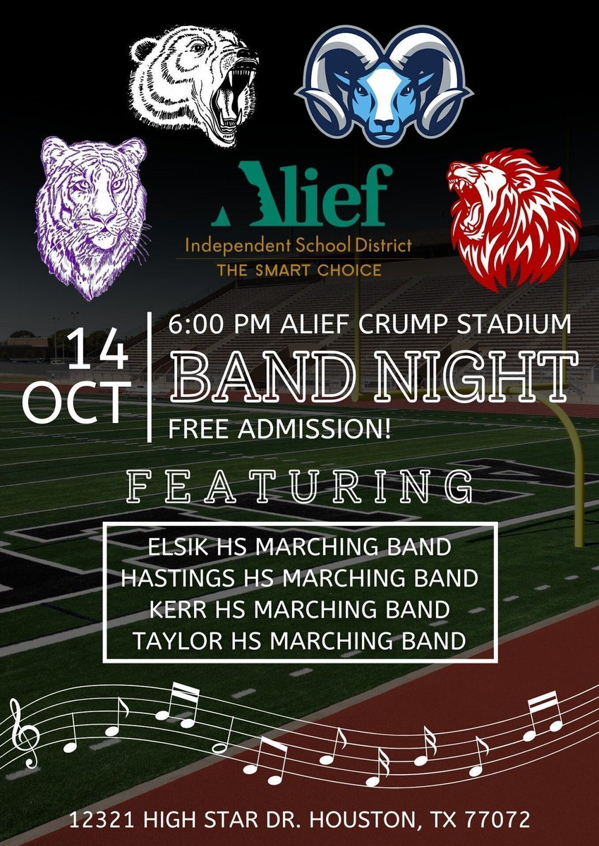 AliefISD's tweet image. Today is the day! Come out this evening, October 14th, at 6 PM to Alief Crump Stadium for an evening filled with amazing performances. Enjoy free entry and immerse yourself in a series of outstanding musical shows. Make sure you don't miss this extraordinary event! 🎷🎶