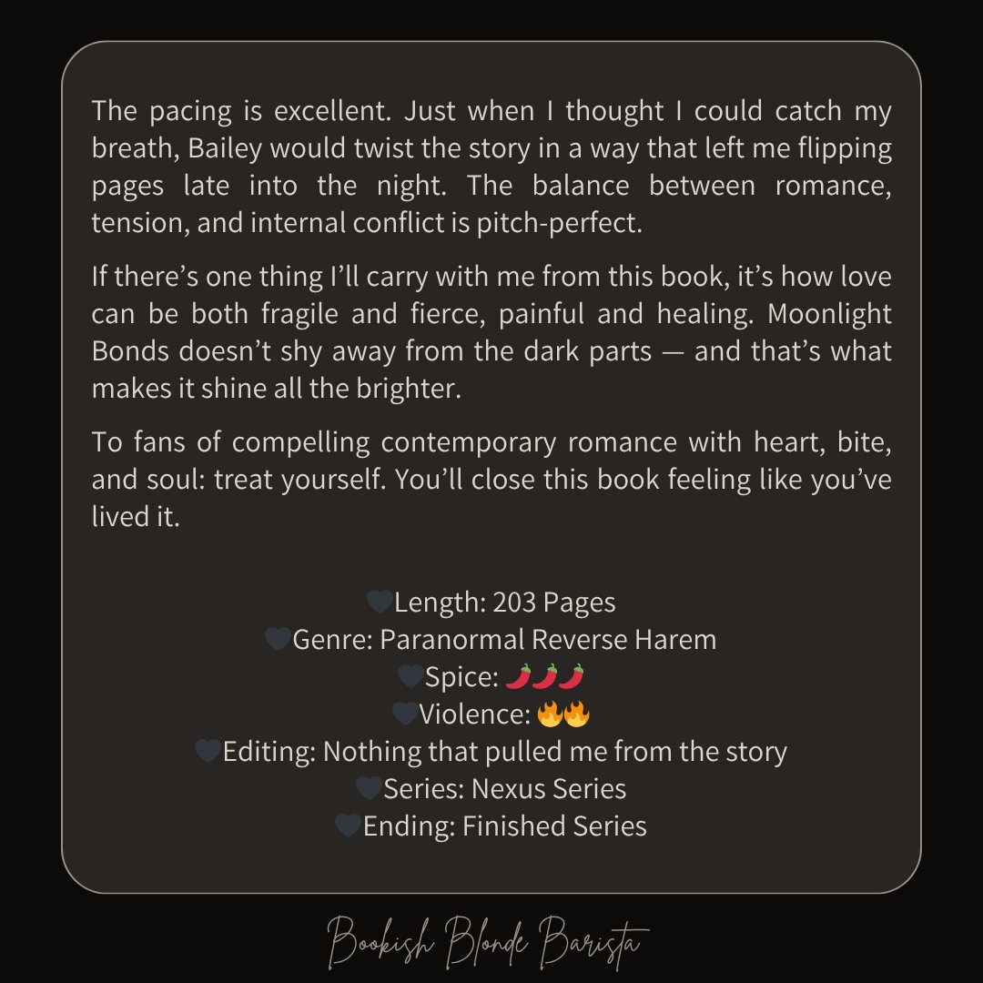 bookishbb's tweet image. Just finished Moonlight Bonds by G. Bailey 💫
The emotions? Intense. The romance? Addictive. The writing? Stunning.
If you love fantasy romance with high stakes and higher chemistry — this is your next read. ⭐️⭐️⭐️⭐️⭐️

#MoonlightBonds #GBailey #BookTwitter #Romantasy