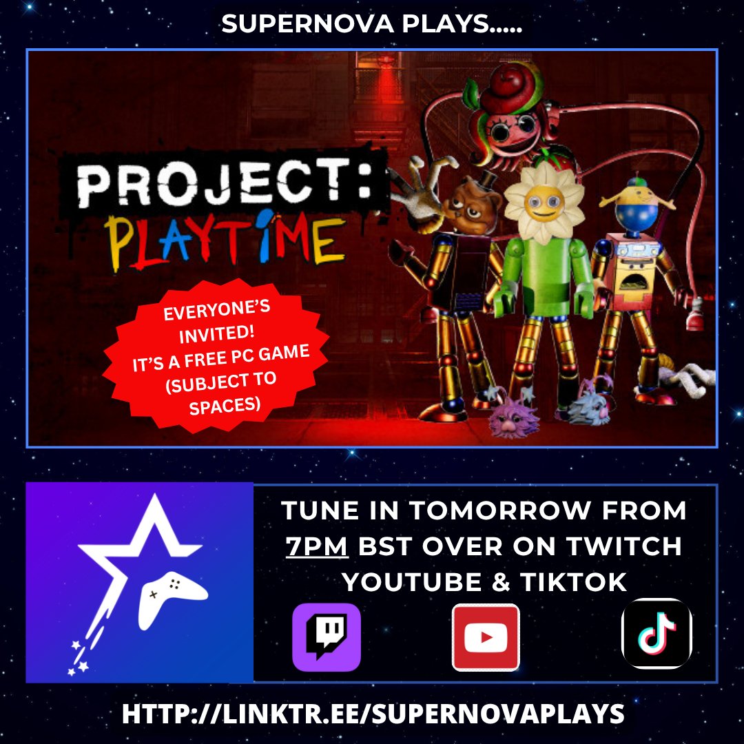 It's gonna get scary tomorrow night - this weeks community night game, chosen by <a href="/OSyrusGames/">O-Syrus</a> is Project Playtime - a free to play horror co-op. I'm excited to see if we can hold it together under pressure! See you over on tiktok, twitch and YT tomorrow! linktr.ee/supernovaplays/