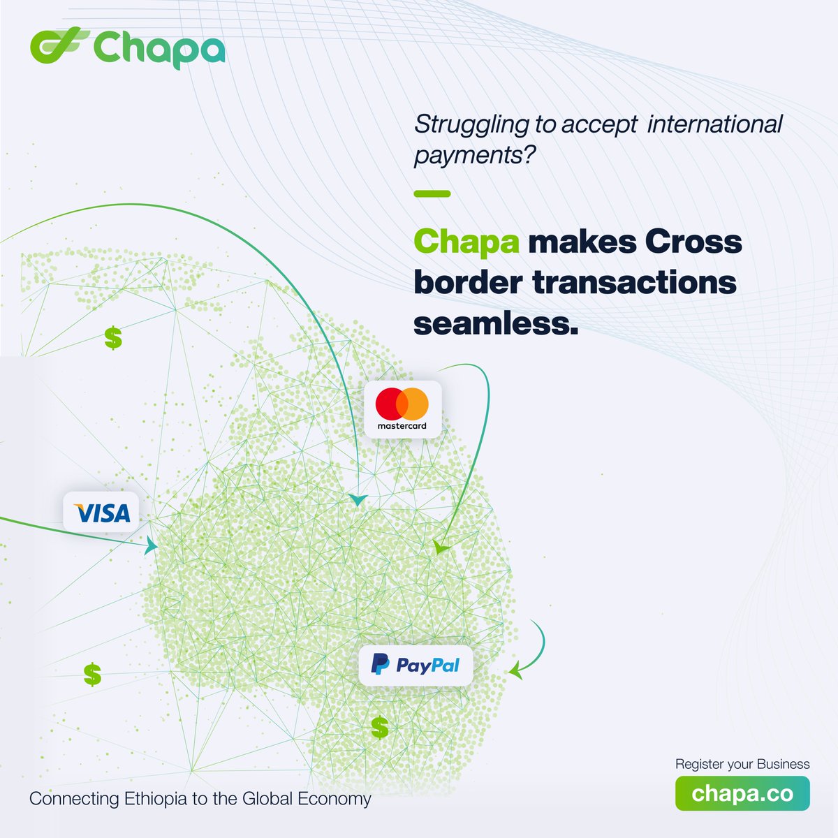 Grow beyond borders with Chapa. 

Easily receive payments from customers around the world and connect your business to the global economy, seamlessly and securely.

Start today → 🔗 chapa.co

#Chapa #CrossBorderPayments #Fintech #Ethiopia