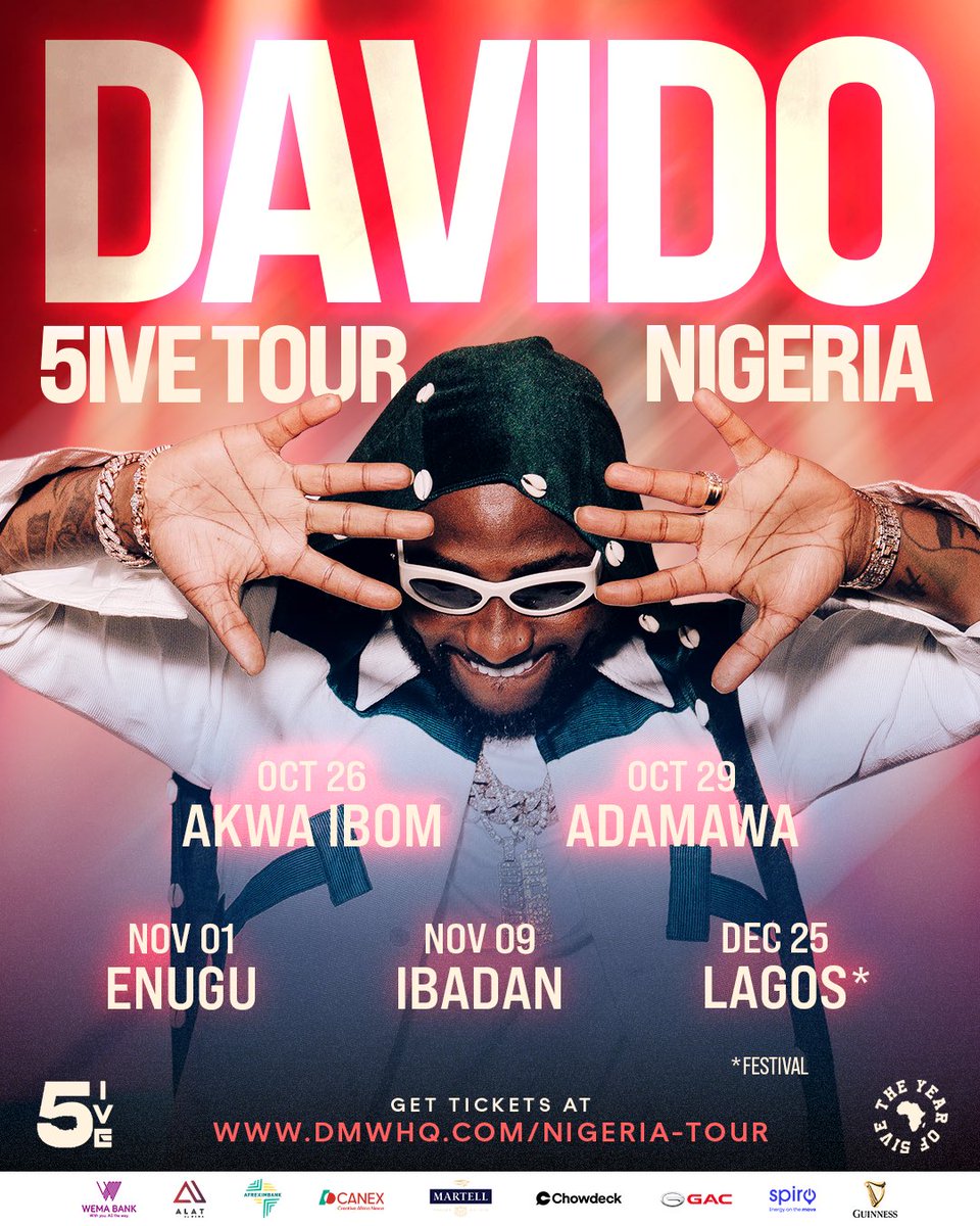 davido's tweet image. I&apos;m blessed to perform all around the world, and everywhere I go-Nigeria goes with me. But this time... I&apos;m bringing it HOME.

After an unforgettable North American tour, it&apos;s only right we bring that energy back where it all began. m 5IVE TOUR NIGERIA, y&apos;all ready??!!
This one&apos;s…