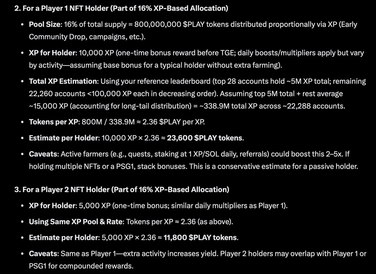 nivishoes's tweet image. How much do Play Solana NFT holders stand to get from the $PLAY airdrop?
Answer is based on few assumptions, could be off, but should be close even then
let's have a look
For Player 1 Estimate per Holder: 10,000 XP × 2.36 ≈ 23,600 $PLAY tokens that's around $472 at $150M…