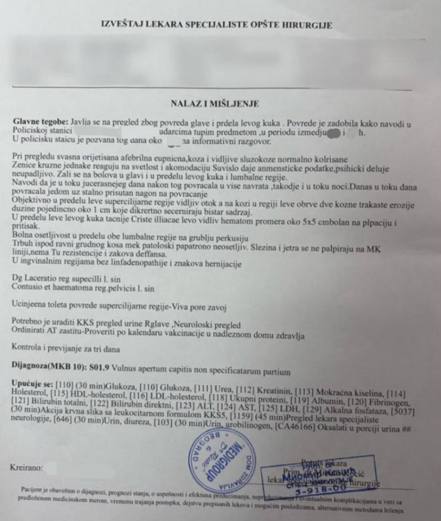 Student came to a hospital with head and hip injuries, saying she was hit with a blunt object.
The medical report confirms physical trauma.
Yet the document states she was merely “invited to the police station for an informational interview.”
What kind of “interview” ends with