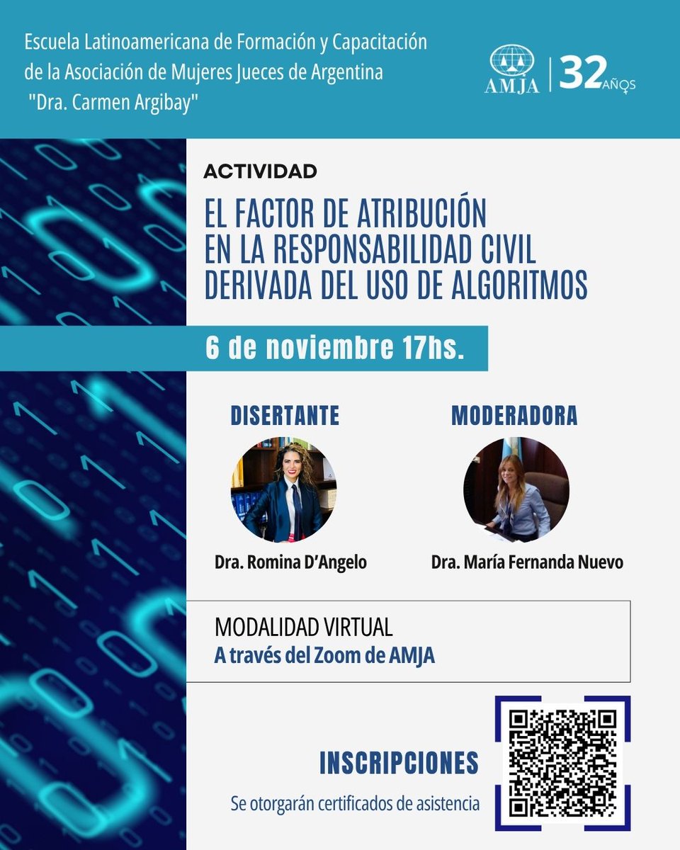 📌Nueva actividad en la Escuela de AMJA
El factor de atribución  en la responsabilidad civil  derivada del uso de algoritmos
🗓️6 de noviembre 17hs. Modalidad virtual

▶️Inscripciones:
Escaneando el QR o a través del siguiente enlace:
amja.org.ar/producto/el-fa…