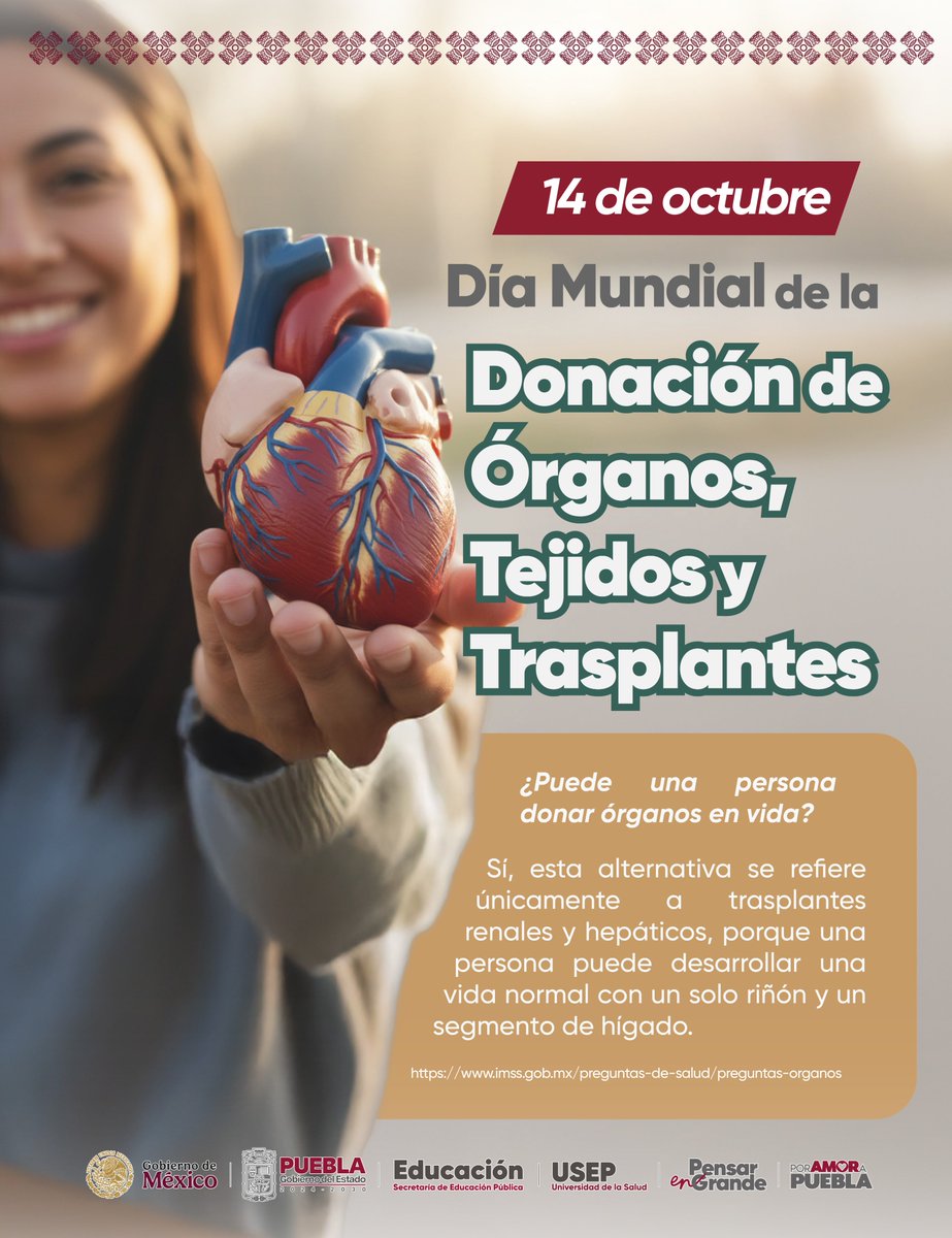 Universidad de la Salud del Estado de Puebla (@usep_puebla) on Twitter photo La donación y el trasplante de órganos y tejidos contribuye a salvar vidas. 🧠🫁🫀 La solidaridad y humanidad que caracterizan este acto, inspiran a que más personas tomen la decisión de ayudar.💚
<a href="/Gob_Puebla/">Gobierno de Puebla</a> #PorAmorAPuebla #PensarEnGrande La donación y el trasplante de órganos y tejidos contribuye a salvar vidas. 🧠🫁🫀 La solidaridad y humanidad que caracterizan este acto, inspiran a que más personas tomen la decisión de ayudar.💚
<a href="/Gob_Puebla/">Gobierno de Puebla</a> #PorAmorAPuebla #PensarEnGrande
