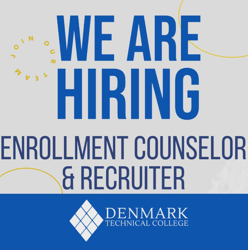 Denmark Technical College is seeking an energetic and student-focused enrollment counselor and recruiter. This position plays a key role in connecting with prospective students to help them start their journey at DTC.  Apply today! 
ow.ly/aGTW50XaFeF