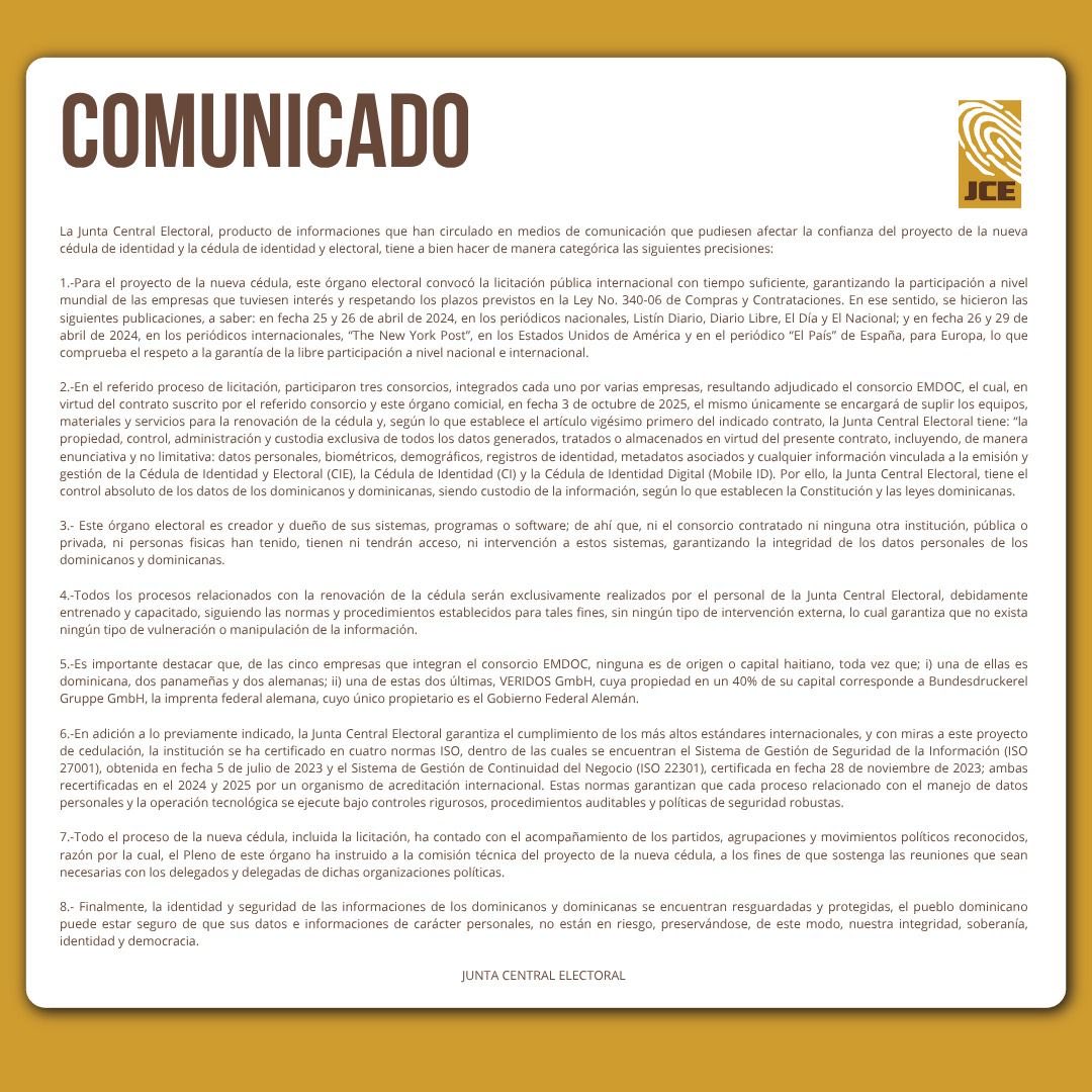 Expedición de la nueva cédula de identidad y electoral es una prioridad nacional que no debe ser detenida por intereses particulares. Nosotros apoyamos a JCE y la invitamos a cumplir el calendario de entrega de este fundamental documento a todos los ciudadanos sin demora alguna!!