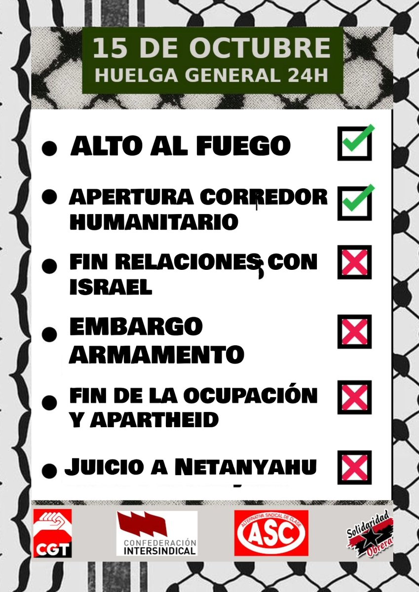 Huelga General 15O Palestina |

🔴Muchas estaréis pensando que si hay "Acuerdo de Paz", ¿por qué hay que seguir convocando #15ohuelgageneral ?
P.D.: Israel ha asesinado hoy de 5 personas que estaban examinando el estado de sus casas en el barrio de Shujaiyya

#gazagenocide
