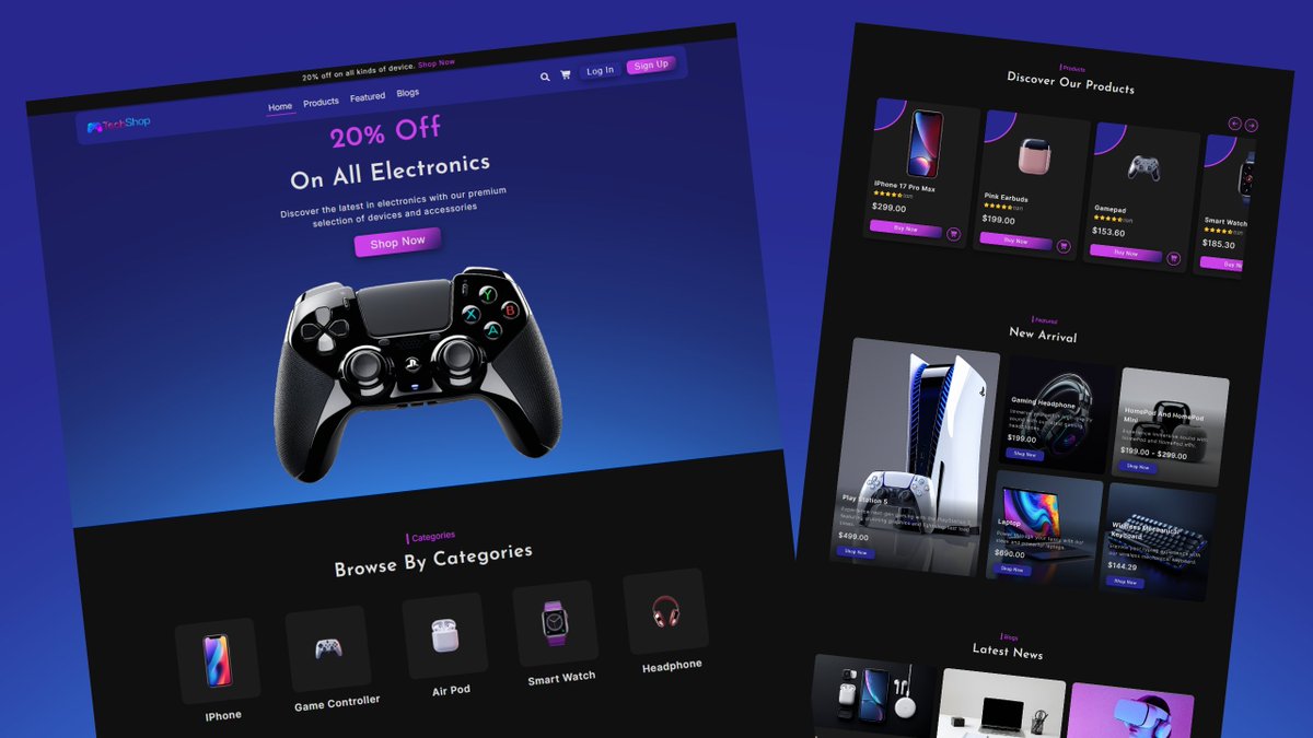 codingconey's tweet image. E-commerce landing page with pure HTML/CSS/JS

✨ Features:
✅ Responsive navbar
✅ Animated hero section
✅ Product carousels
✅ Grid layout
✅ Smooth scroll effects
✅ Responsive

👉 Learn how to build: youtu.be/ZFFJ3-3yt74

#WebDev #JavaScript #FrontEnd #websites #Coding