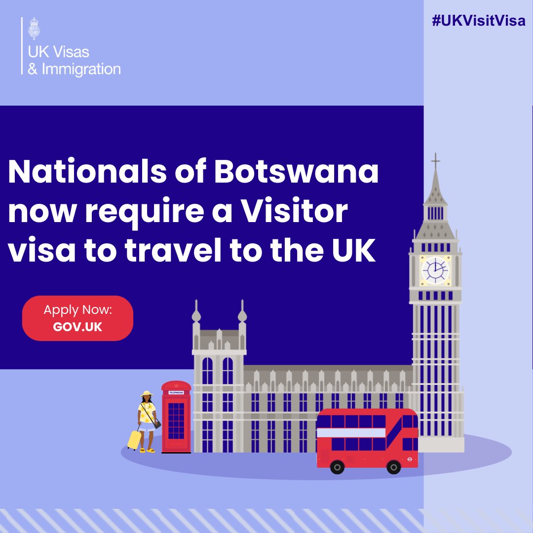 Nationals of Botswana now require a Standard Visitor visa to travel to the UK for up to six months.

✅ Apply online before you travel
✅ Book a biometric appointment at the Visa Application Centre
✅ Allow at least 3 weeks for processing

gov.uk/entering-stayi…

#UKVisitVisa