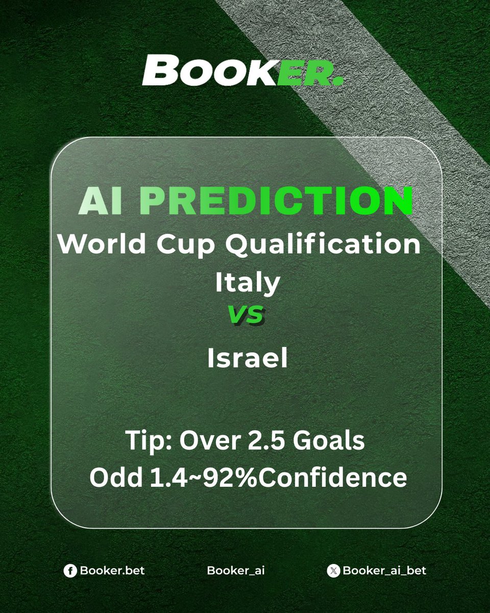 Booker_ai_bet's tweet photo. ⚽ World Cup Qualifiers Prediction | Italy 🆚 Israel 📊 AI says: Over 2.5 Goals 🔥 5 wins in 6 vs Israel, 80%+ win probability, scoring freely again.
👉 Daily insights: https://t.co/kdNa1I2AkU
#Italy #Israel #WorldCupQualifiers #AIPredictions #FootballAnalysis #gamblingtwitter #sportsbetting #freepicks #bettingtips