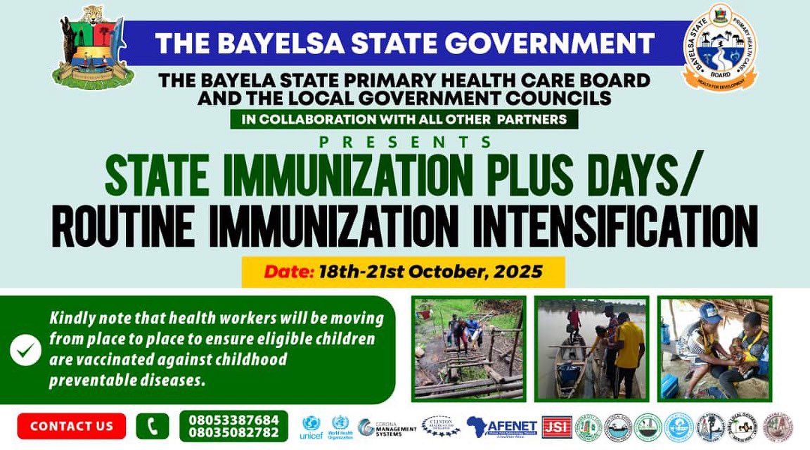 bysphcb's tweet image. Bayelsa State Government presents the State Immunization Plus Days and Routine Immunization Intensification holding from 18th to 21st October 2025.

#sipds #routineimmunization #stateimmunizationplusdays #bysphcb 
#bayelsastateprimaryhealthcareboard #VaccinesWork #HealthyStart