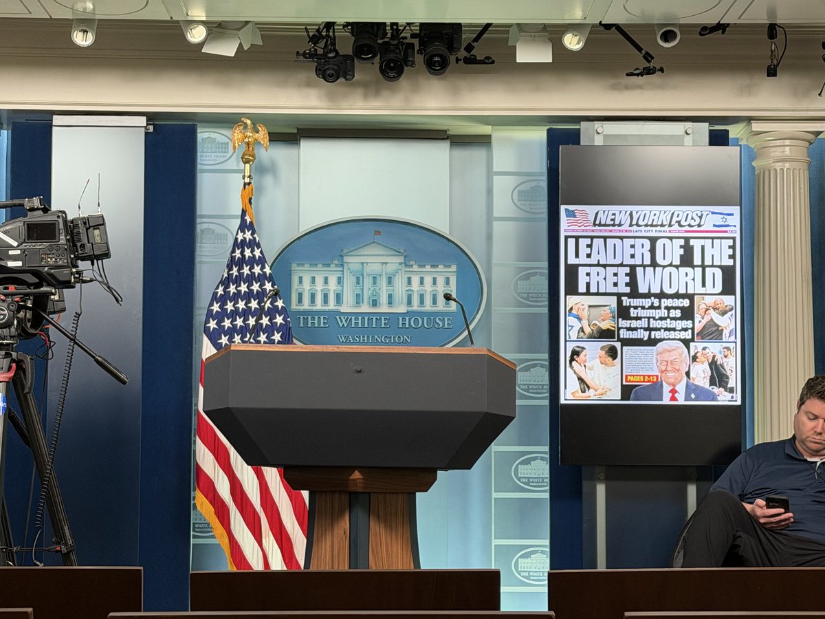 Seen on the screen in the briefing room this AM: today’s <a href="/nypost/">New York Post</a> cover featuring Pres. Trump “LEADER OF THE FREE WORLD”