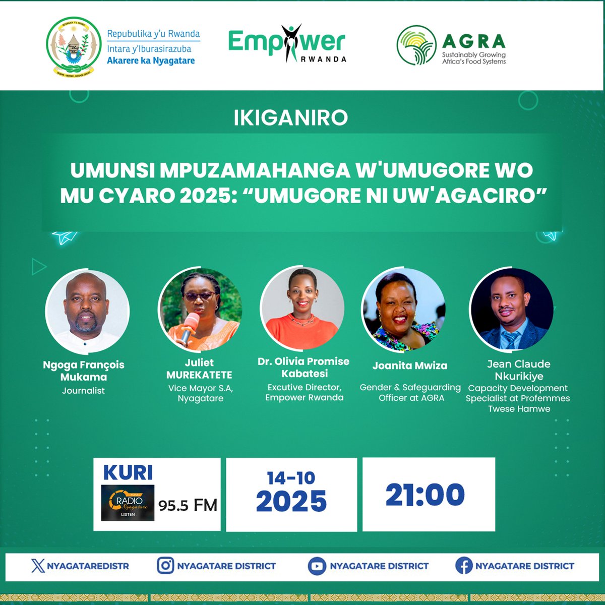Ku bufatanye bw'Akarere, <a href="/EmpowerRwanda/">Empower Rwanda</a> na <a href="/AGRA_Africa/">AGRA - Sustainably Growing Africa’s Food Systems.</a> guhera 21h00-22h00 tubararikiye gukurikira ikiganiro gitambuka kuri <a href="/RadioNyagatare/">Radio Nyagatare 95.5 FM</a> kigaruka ku myiteguro yo kwizihiza umunsi mpuzamahanga w'umugore wo mu cyaro ku nsanganyamatsiko igira iti  "Umugore ni uw'agaciro".