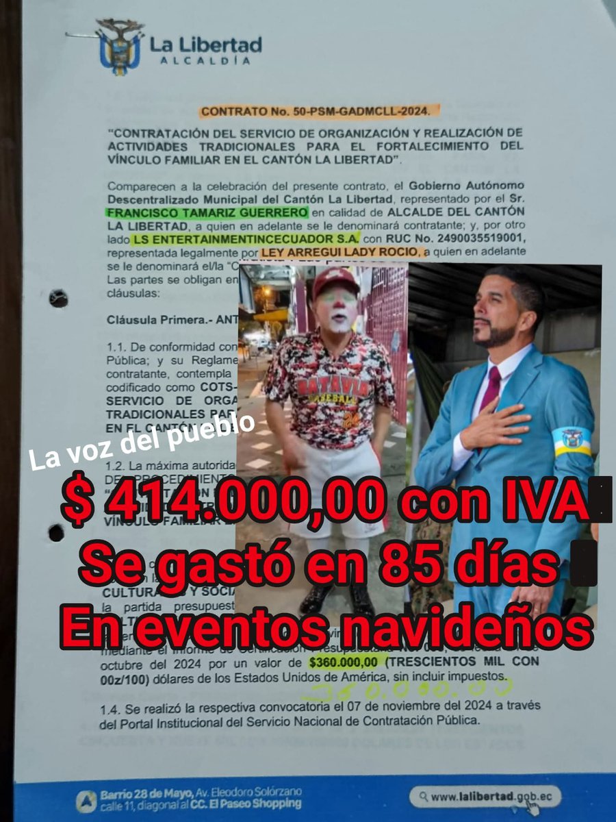 🚨 LLAMADO URGENTE A LAS AUTORIDADES 🇪🇨Presidente, Contralor, Ministro, Asambleístas peninsulares y <a href="/JoseJulioNeira/">José Julio Neira</a>:
¡Revisen el Contrato #50 del alcalde Francisco Tamariz!
Más de $400.000 gastados en 4 eventos “familiares” 🎪💸
Solo en 2 ya van $225.375:
🎤 $25.000 en sonido🎅