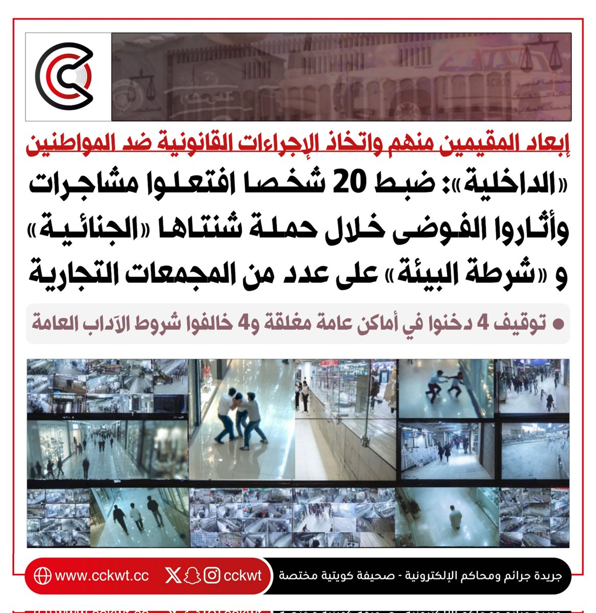 جرائم ومحاكم (@cckwt) on Twitter photo «الداخلية»: ضبط 20 شخصا افتعلوا مشاجرات وأثاروا الفوضى خلال حملة شنتاها «الجنائية» و «شرطة البيئة» على مجمعات تجارية
• إبعاد المقيمين منهم واتخاذ الإجراءات القانونية ضد المواطنين.. وتوقيف 4 دخنوا في أماكن عامة مغلقة و4 خالفوا شروط الآداب العامة
cckwt.cc/?p=34591
#الكويت «الداخلية»: ضبط 20 شخصا افتعلوا مشاجرات وأثاروا الفوضى خلال حملة شنتاها «الجنائية» و «شرطة البيئة» على مجمعات تجارية
• إبعاد المقيمين منهم واتخاذ الإجراءات القانونية ضد المواطنين.. وتوقيف 4 دخنوا في أماكن عامة مغلقة و4 خالفوا شروط الآداب العامة
cckwt.cc/?p=34591
#الكويت