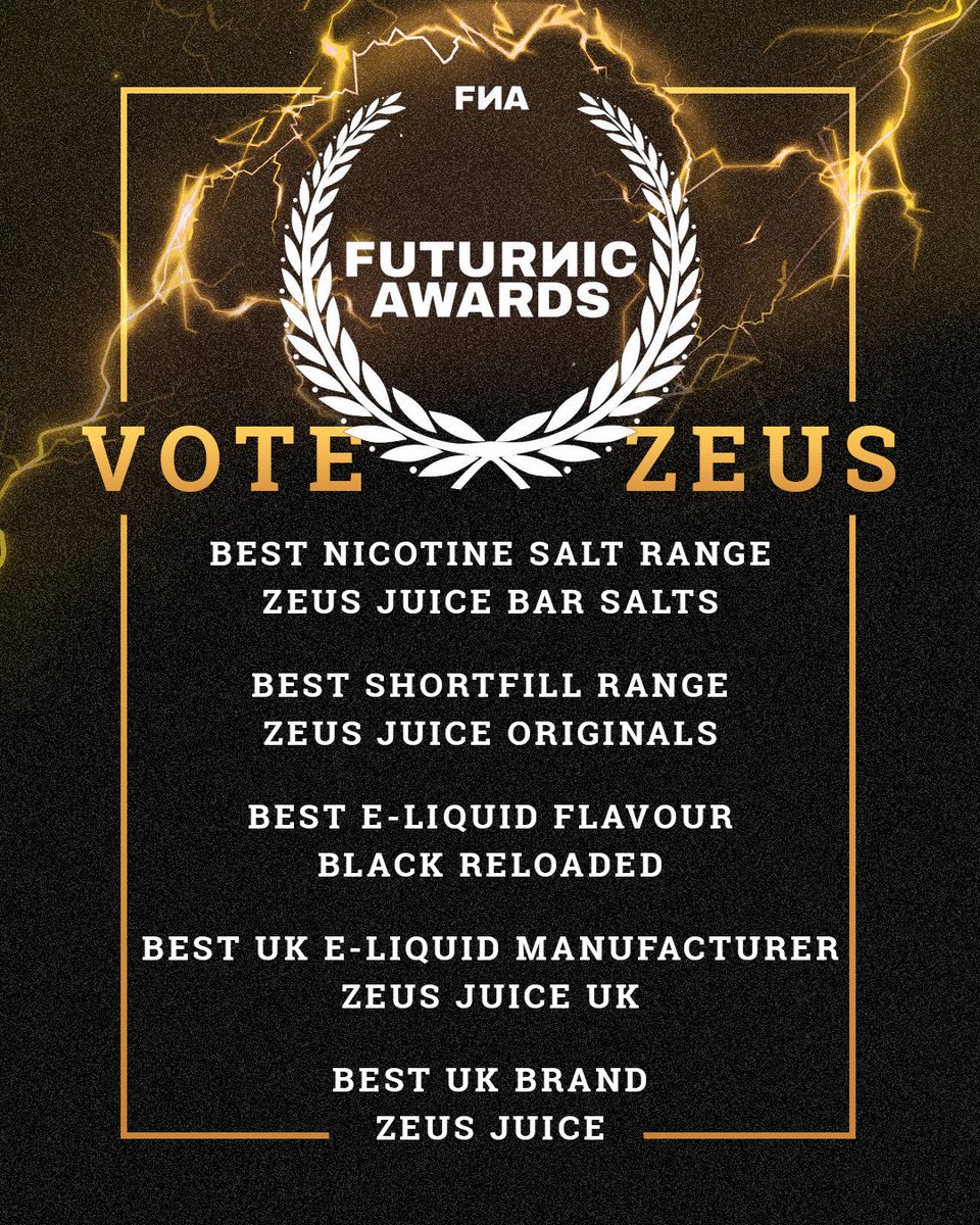 We’re honoured to be nominated for 5 FUTURИIC Awards including Best UK Brand and Best E-Liquid Flavour! 💥
Show your support and vote for Zeus Juice here:
 futurnic.com/awards/ 🙏