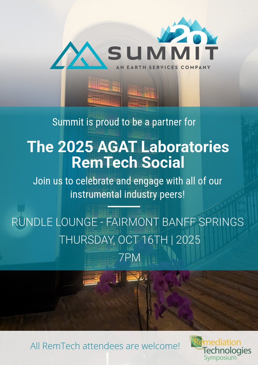 TheSummitEarth's tweet image. We’re looking forward to joining our industry peers at this year’s @ RemTech Reception, hosted by our friends at AGAT Laboratories! It’s always a highlight of the conference — especially as we celebrate our 20 year milestone. 

#RemTech #Summit #20years #RemediationExperts