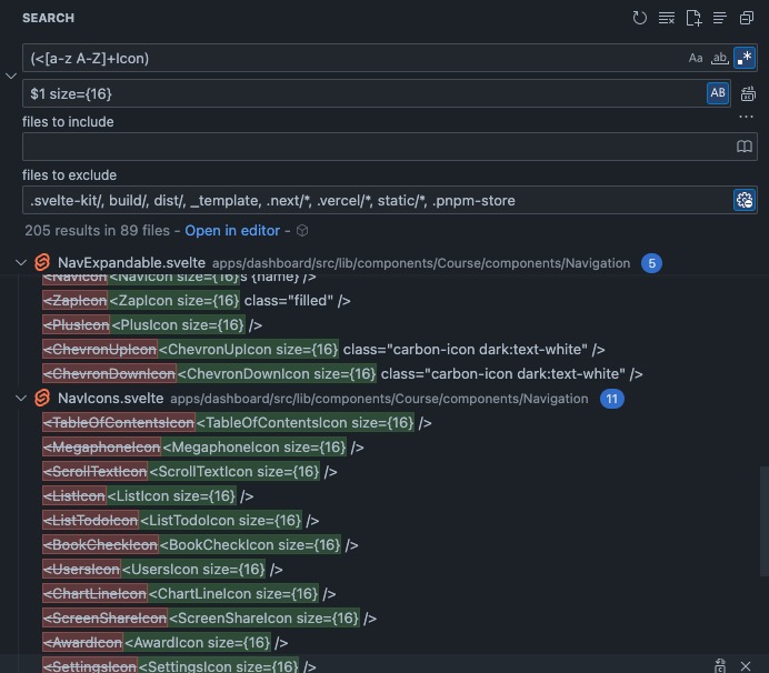 rotimi_best's tweet image. One of the best tricks I learnt a long time ago that has saved me so much time is - Search and Replace with Regex in Vscode (or Cursor or Windsurf)
Here I wanted to find all lucide icon in the project and add a size prop to all of them