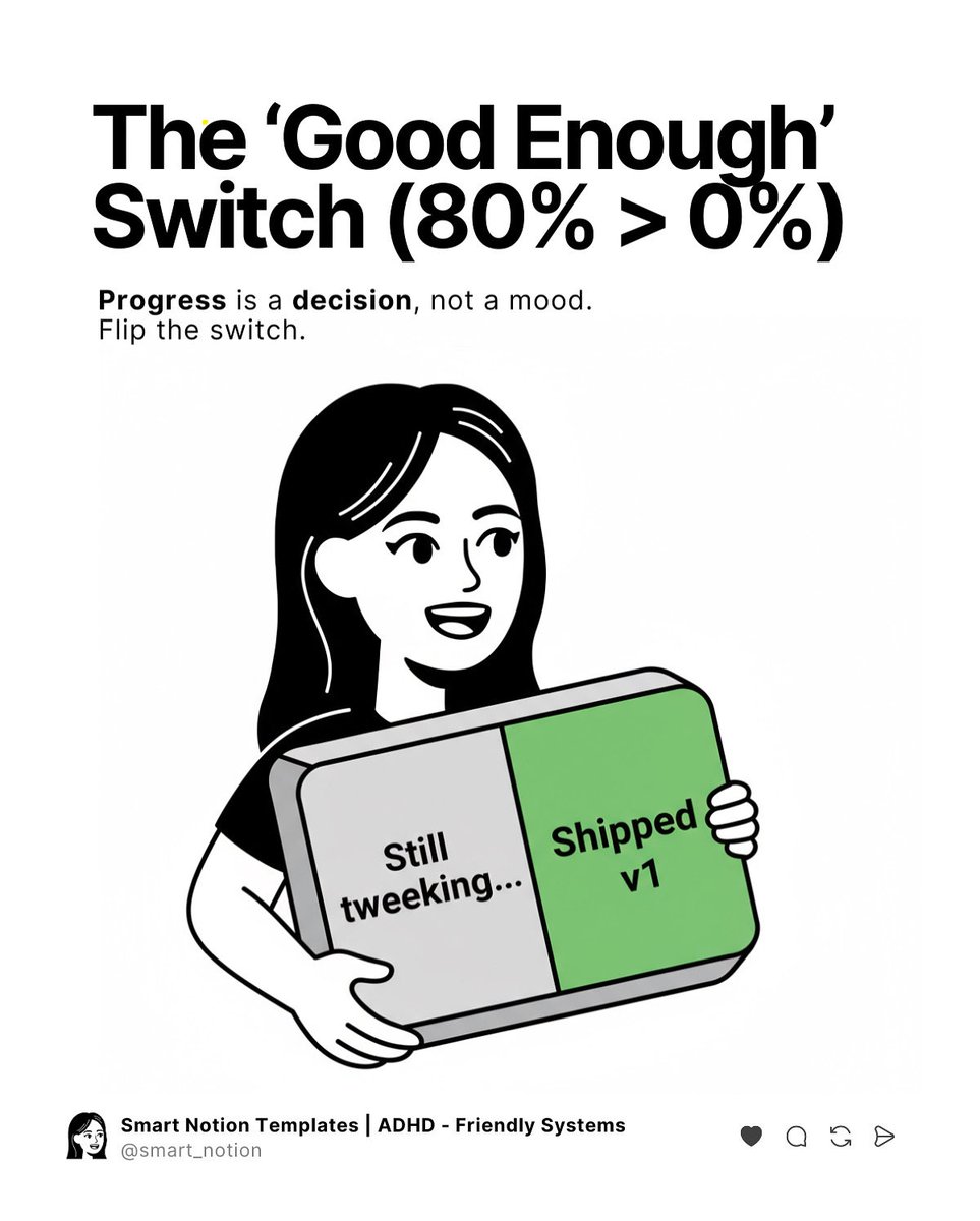 smart_notion's tweet image. ADHD perfectionism trap: finishing becomes scary, because it feels like it has to be perfect.
💡 Progress counts even if it’s messy. Notion template where you can mark projects as “Shipped (v1)” the moment your tasks “good enough.”
Comment “goodenough” and I’ll DM you the layout