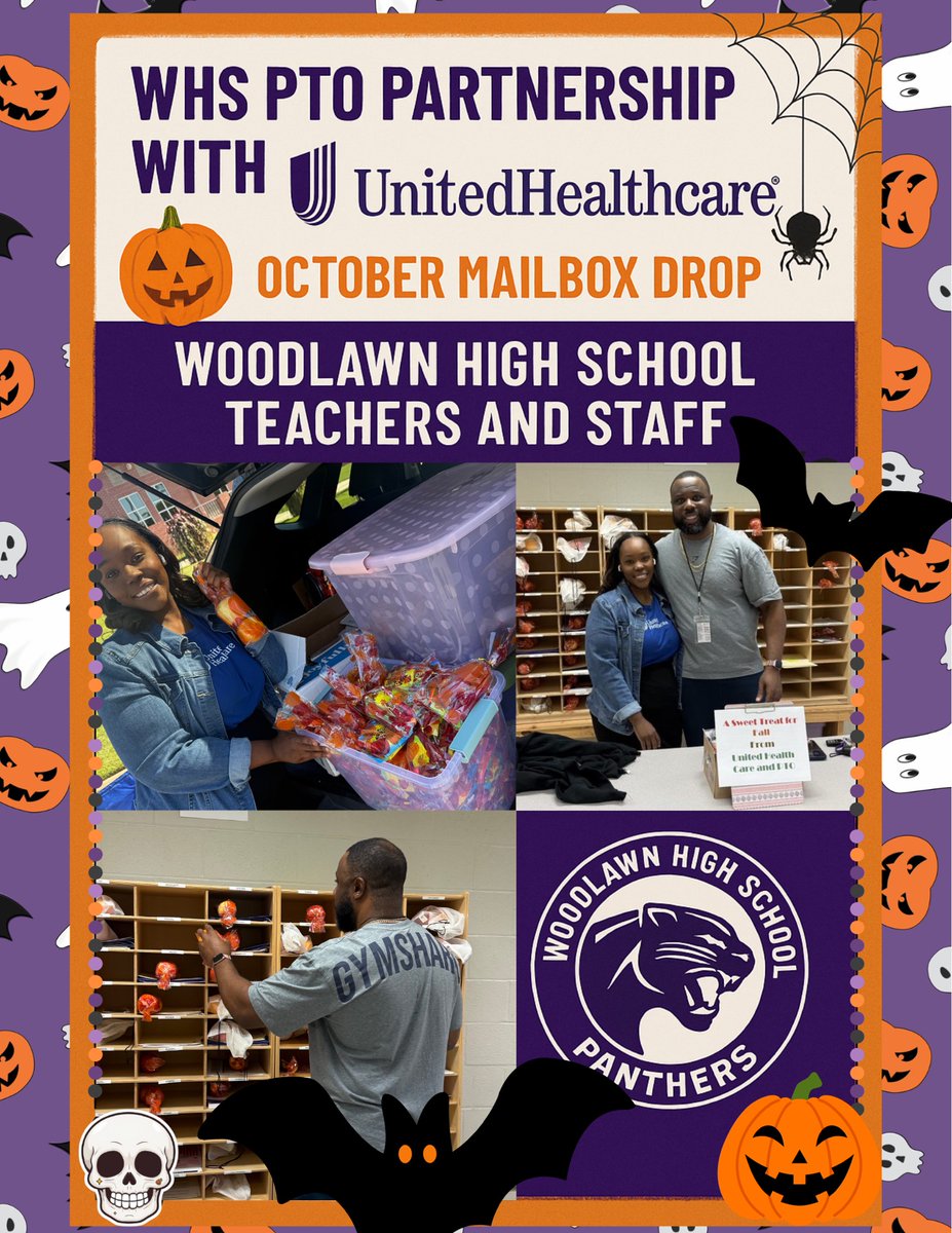 🎃 No Tricks, Just Treats — Thanks for All You Do! 💜🐾
Huge thanks to our WHS PTO &amp; <a href="/UHC/">UnitedHealthcare</a> for sponsoring the October Mailbox Drop for Woodlawn teachers &amp; staff!
Your partnership keeps Panther Nation strong! 💪
#PantherNation #PantherPride #TeacherAppreciation #ThankYou