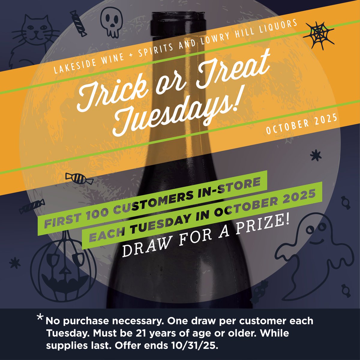 Trick or Treating Day is here! Come in Tuesday, 10/14 to win some killer prizes! Prizes from Northland Vodka, Lagunitas, Harriett Grove &amp; more! #AdultTrickOrTreating
