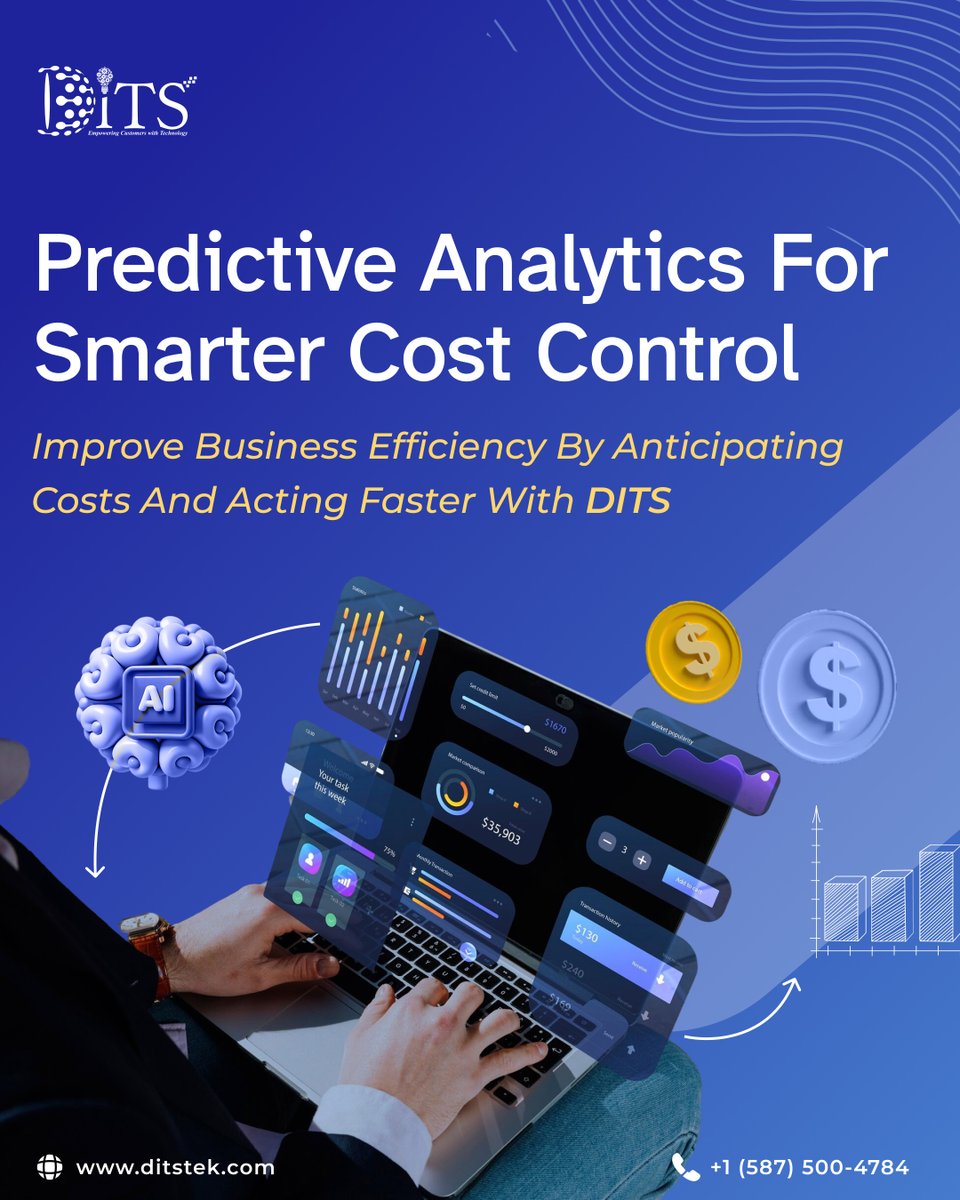 DitsTek's tweet image. Gain real-time cost visibility and forecast smarter with #DITS predictive analytics. Control costs, reduce waste, and boost profitability with AI. #PredictiveAnalytics