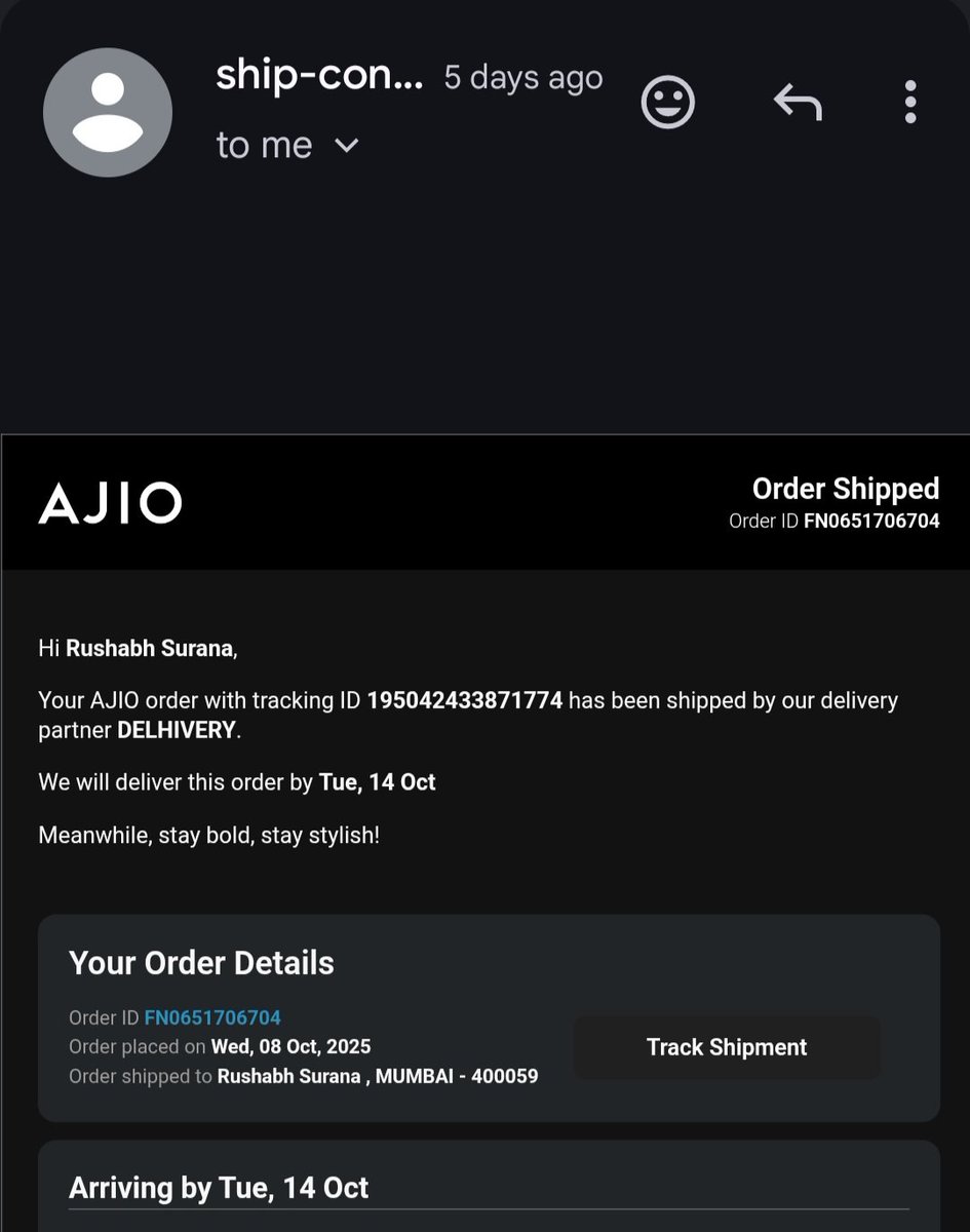 rushabhs7's tweet photo. @AjioCares 
My promise delivery date was 14 oct 2025 and it got changed to 17oct2025. What kind of promise is this? https://t.co/2Cm3iK8Wny
