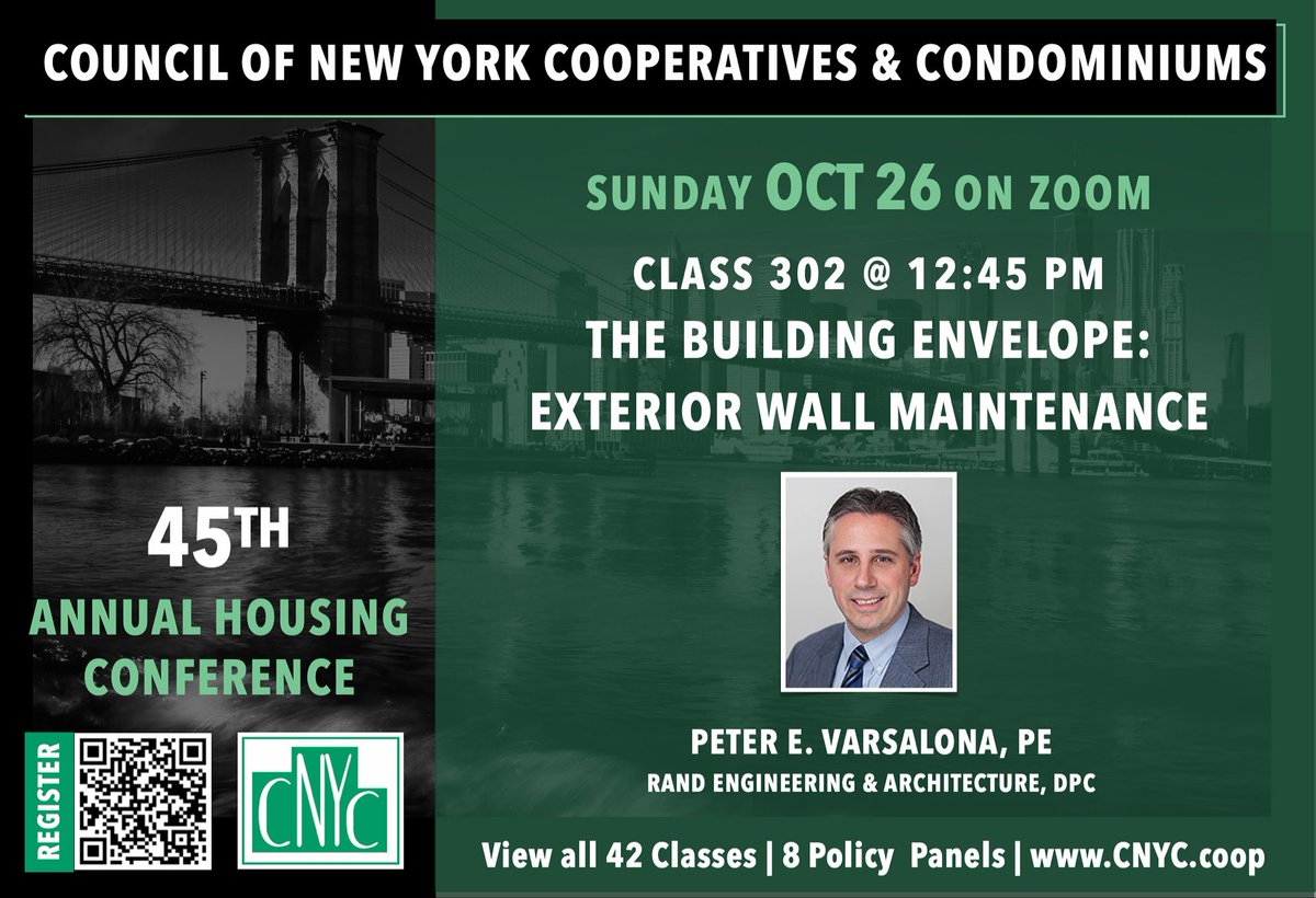 randpc's tweet image. Join RAND Principal Peter E. Varsalona, PE, for a CNYC Annual Housing Conference Zoom seminar on preserving your building envelope – covering facade leaks, waterproofing, parapet inspections, and FISP. Oct 26 @ 12:45 PM on Zoom. Register: cnyc.coop
 
#FISP #CNYC