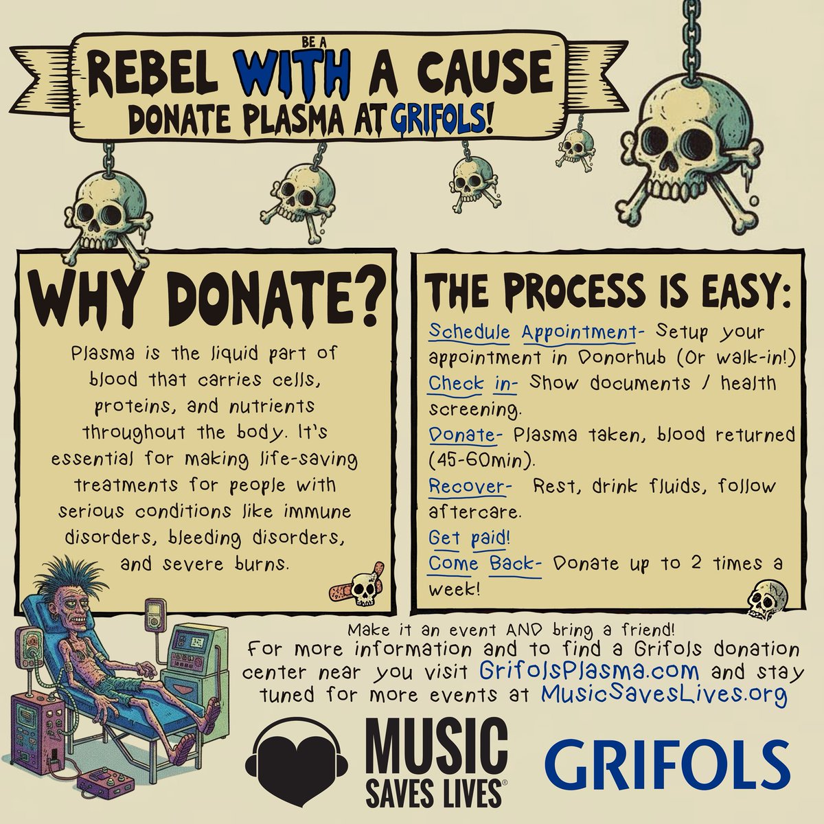 Donate plasma 2x in Oct at a FL @grifolsplasma_us center get entered to WIN 🎟️ GA tix to @vanswarpedtour!
You’ll also become a @musicsaveslives VIP with meet &amp; greets, signings + more

👉 musicsaveslives.org/plasma-rebel

#MusicSavesLives #BeARebel #DonatePlasma #WarpedTour #OfMiceAndMen