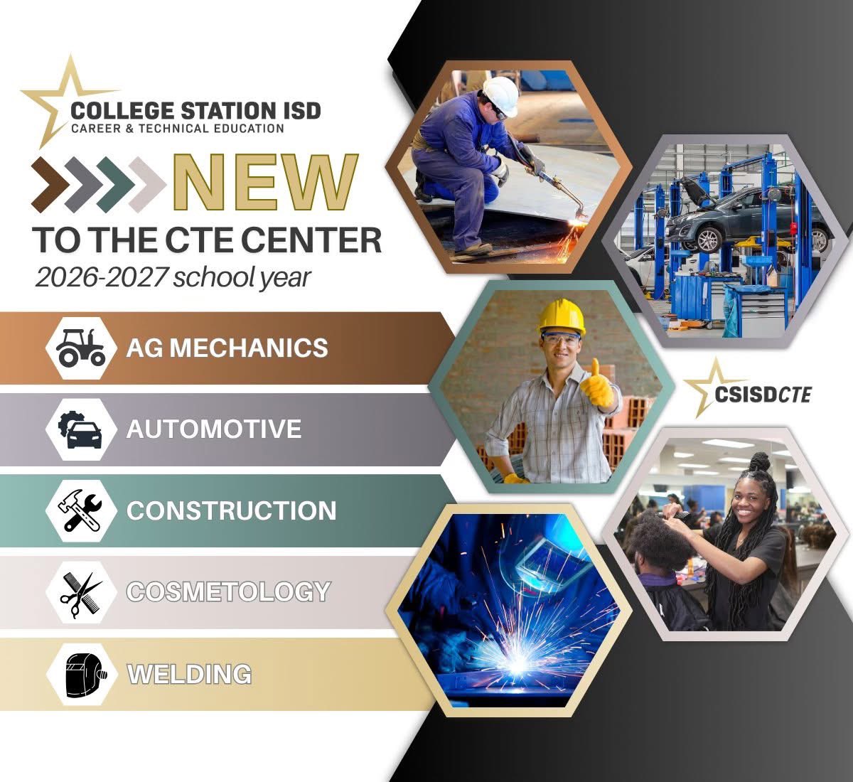 csisdcte's tweet image. In Fall 2026, @CSISD will be opening a new CTE Center, offering hands-on programs in:
⭐️Ag Mechanics
⭐️Automotive
⭐️Construction
⭐️Cosmetology
⭐️Welding
⭐️Animal &amp;amp; Wildlife Science
More information, including details on course offerings and registration coming soon!  #csisdcte