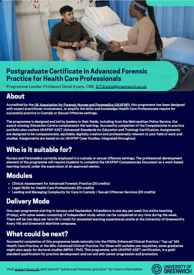 David_T_Evans's tweet image. Nurse or paramedic working in #Custody / #SexualOffences settings? Wanting #UKAFNP #ASET-approved certification with Post Grad studies in Advanced #Forensic Practice? Then what are you waiting for! PGCert starts January. Information and application, see: applycpd-gre.com/course?id=1197…