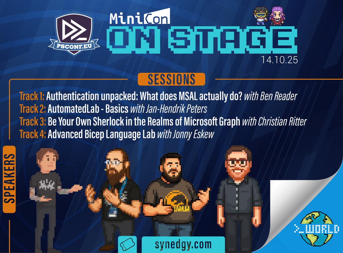 PSConfEU's tweet photo. 🎤 On Stage in 5min 🎤 

Track 1: @powers_hell 
Track 2: Jan-Hendrik Peters
Track 3: @blackboxcoder 
Track 4: Jonny Eskew

#PowerShell #automation #Azure #DevOps #Microsoft365 #AzureAD #MSAL #MicrosoftGraph #Bicep https://t.co/zCqfWb8MMQ